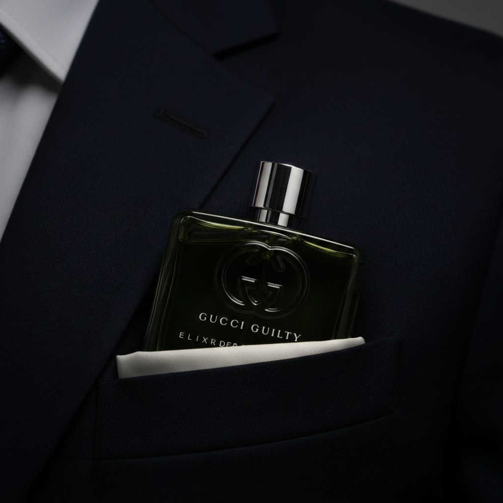sticla de parfum gucci guilty elixir de parfum într-un decor artistic