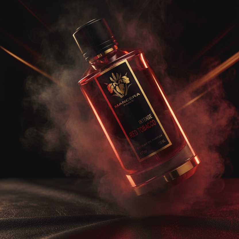 sticla de parfum într-un nor de fum căzând pe o fâșie de piele