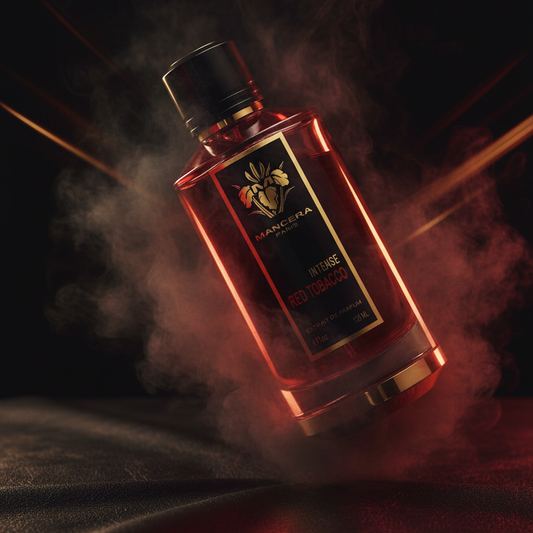 sticla de parfum într-un nor de fum căzând pe o fâșie de piele