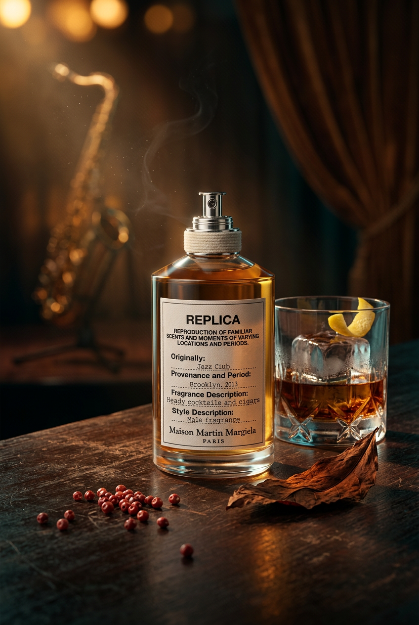 sticla de parfum maison margiela replica jazz club într-un decor artistic