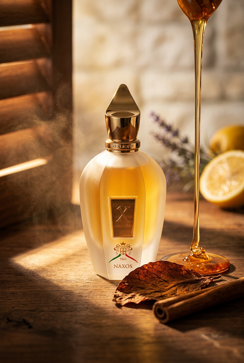sticla de parfum xerjoff naxos într-un decor artistic
