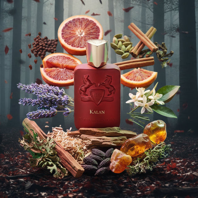 stoical de parfum înconjurată de felii de portocala roșie tămâie lemn dulce flori de portocala si alte ingrediente care descriu notele parfumului 