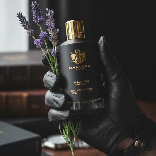 stoical de parfum ținută in mana cuiva care poarta mănuși de piele 