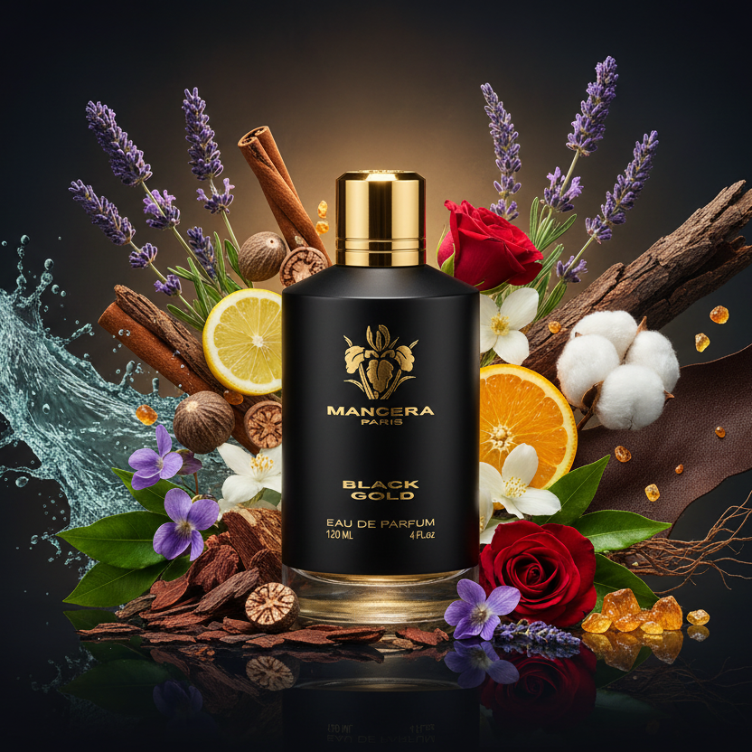 sticla de parfum înconjurată de jumătăți de citrice trandafir lavanda scorțișoară tămâie si alte note care descriu cum miroase parfumul