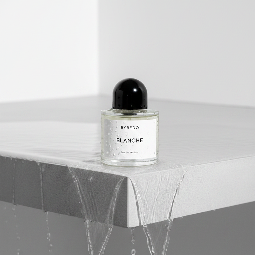sticla de parfum pe un panou de marmura pe care curge apa 