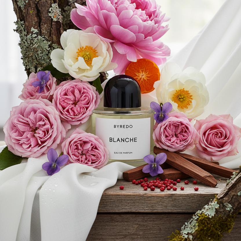 sticla de parfum înconjurată de flori lemn dulce si alte note care fac referire la notele parfumului
