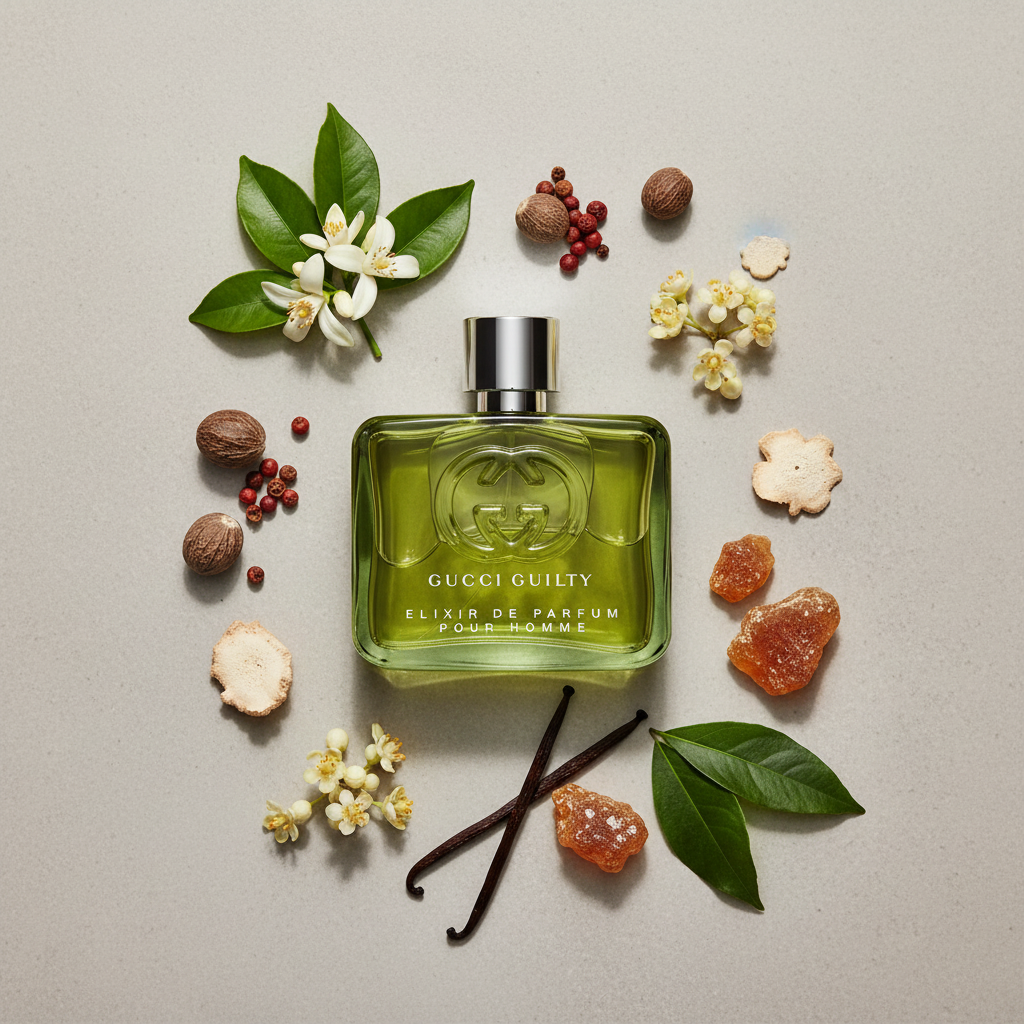 sticla de parfum gucci guilty elixir de parfum, într-un alt decor artistic