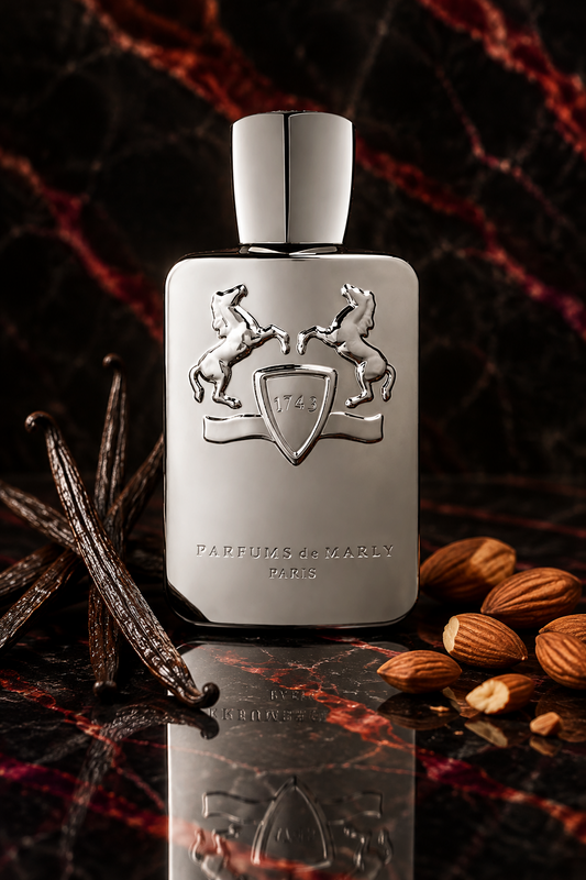sticla de parfum parfums de marly pegasus într-un decor artistic