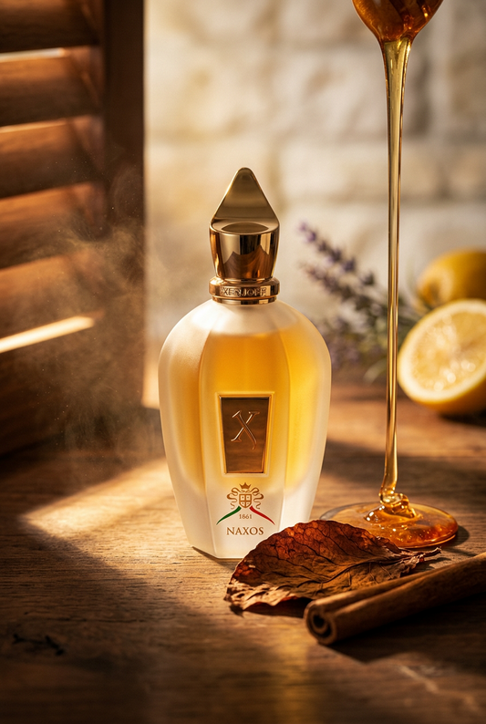 sticla de parfum xerjoff naxos într-un decor artistic